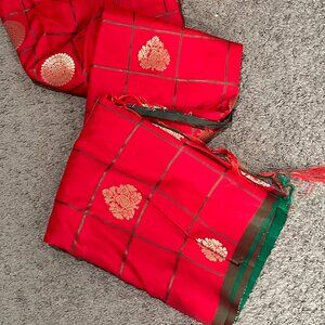 Red with Green check Indian traditional soft silk saree for women